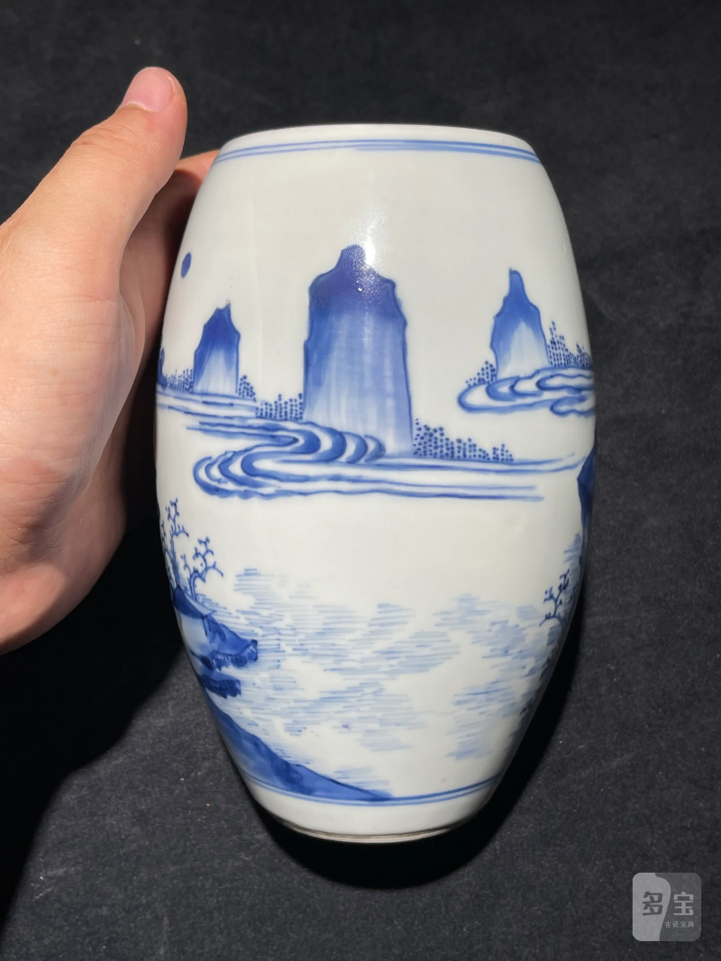 明崇祯 青花山水纹莲子罐 - 图5